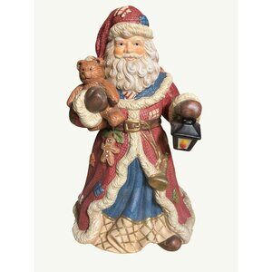 Porcelain Santa Claus Musical Figurine 11" Holding Bear & Lantern Vintage